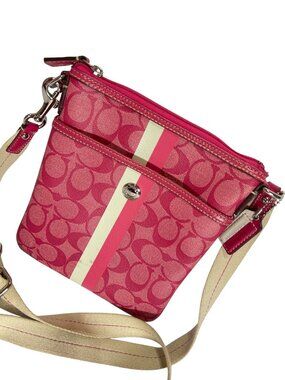Coach Signature Stripe Pink Coated Canvas Crossbody Swingpack Bag